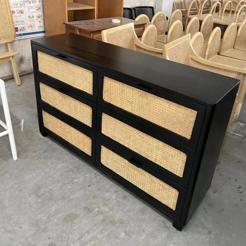 Rattan retro American cabinet, bedroom wooden small side cabinet, economical storage drawer type simple locker
