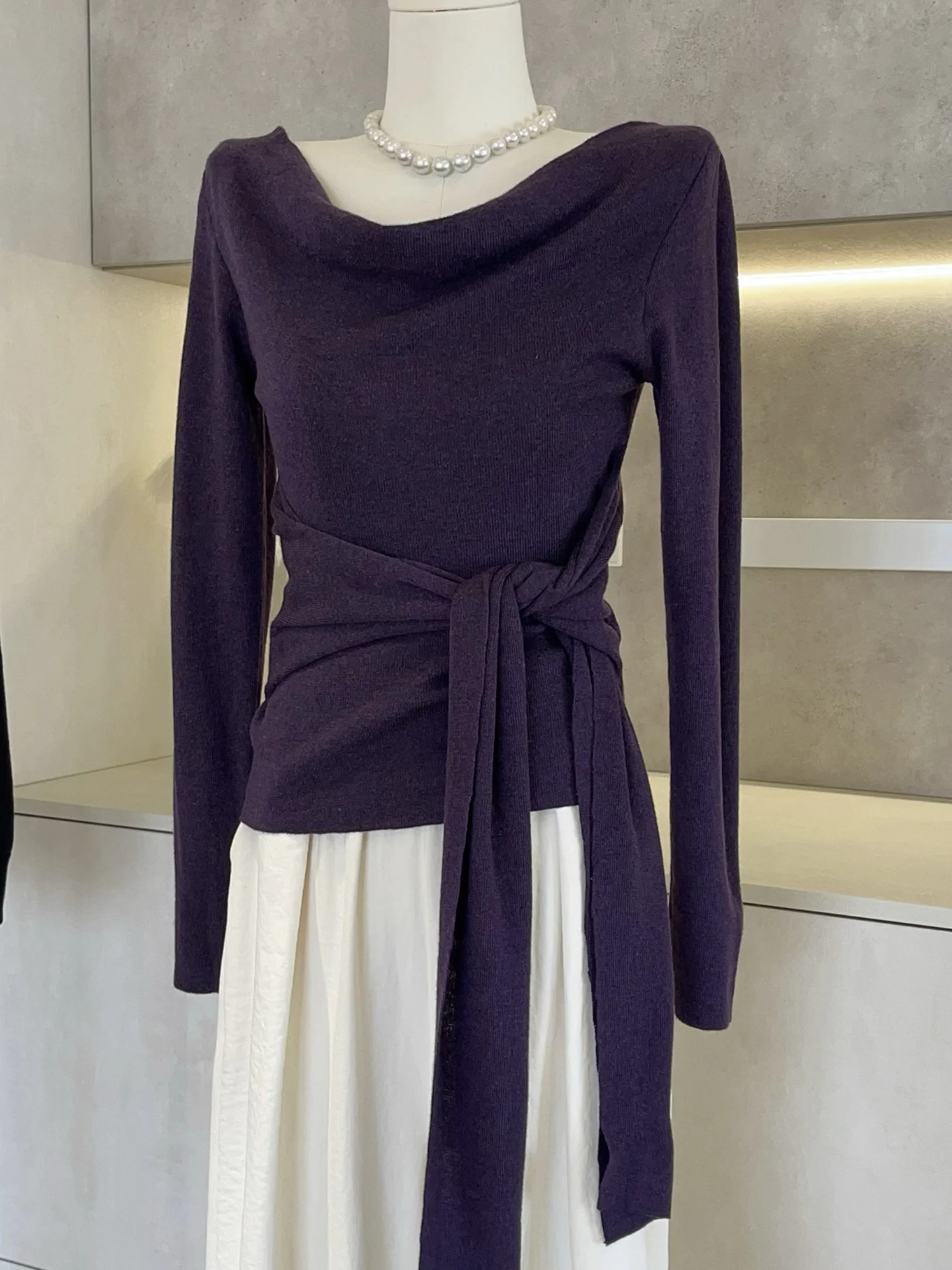 

Early Autumn Korean Sle Design Purple Loose Collar Slimming Sa Knot Long Sve Knitted Women's Faion Ci Walk Top