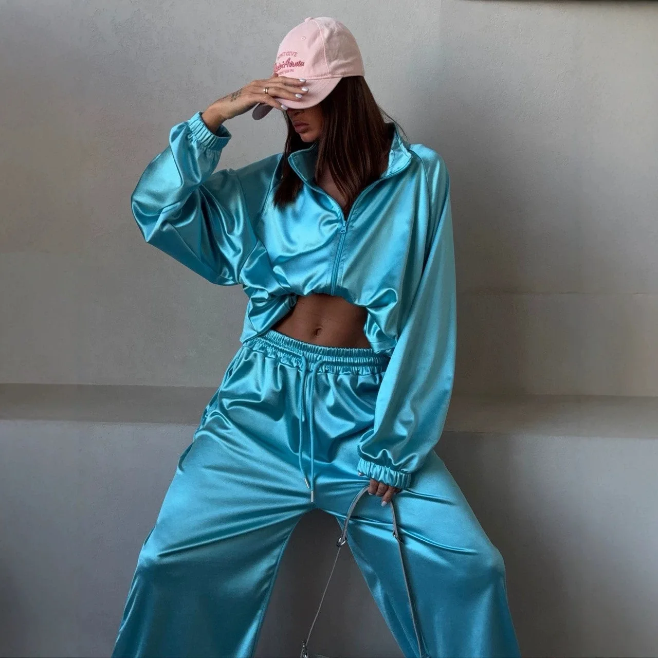 

2026 Foreign Trade New Women's Clothing Lake Blue Satin Sports Suit Loose Short Top