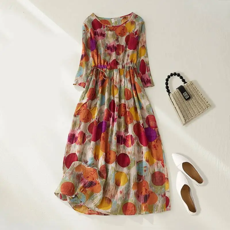 

Cotton And Linen Print Half Sleeve Round Neck Women's Summer New Retro Artistic Loose Elegant Lace-Up Casual Dress