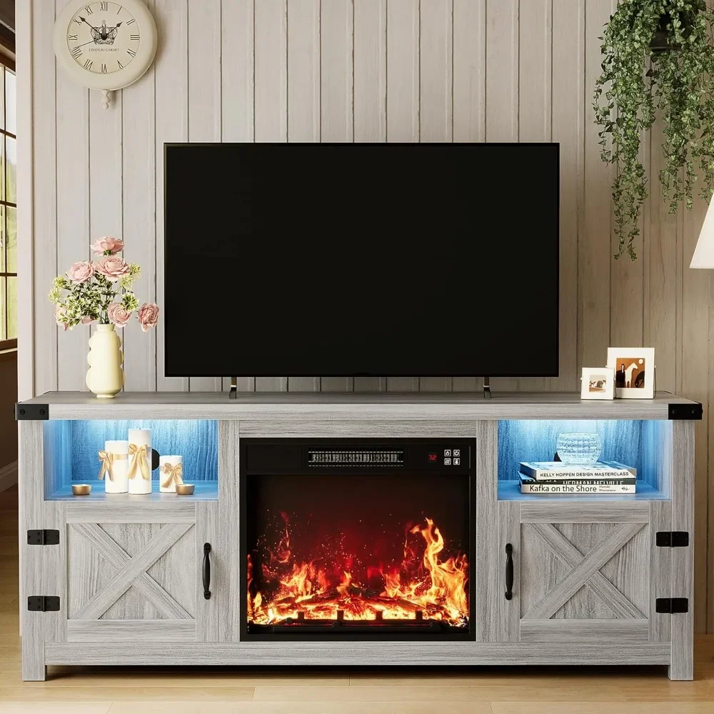 65 Inch LED Fireplace TV Stand with Mood Lighting, TV Cabinet with Open Shelf & Hidden Cable Routing, Entertainment Center