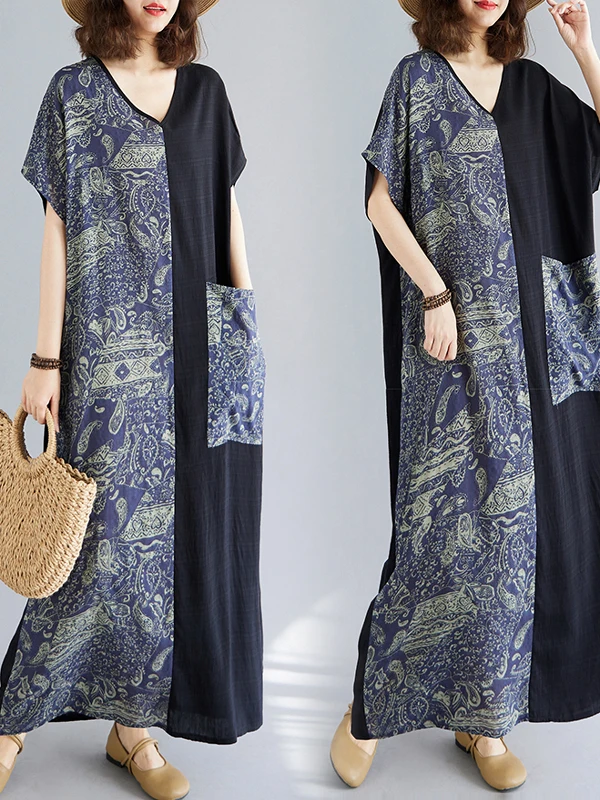 فستان طويل كاجوال بطباعة بوهيمية وتصميم مرقع بمقاسات كبيرة، فستان شاطئ بأكمام قصيرة على طراز الروب، أزياء صيفية للنساء