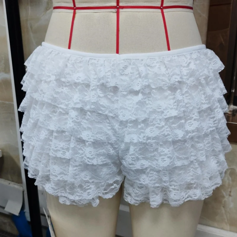 Women's Y2k Kawaii Layered Lace Hot Shorts Casual 90S Aesthetic E-Girl Ruffle Solid Elastic Low Rise Shorts