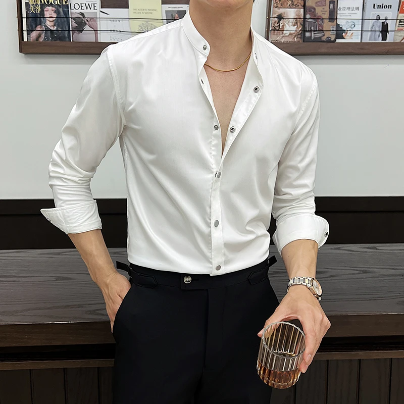 

Spring Summer Snap Button Long Sleeved Shirt Men Stand Up Collar Casual Business Dress Shirt Solid Color Social Uniform Shirt