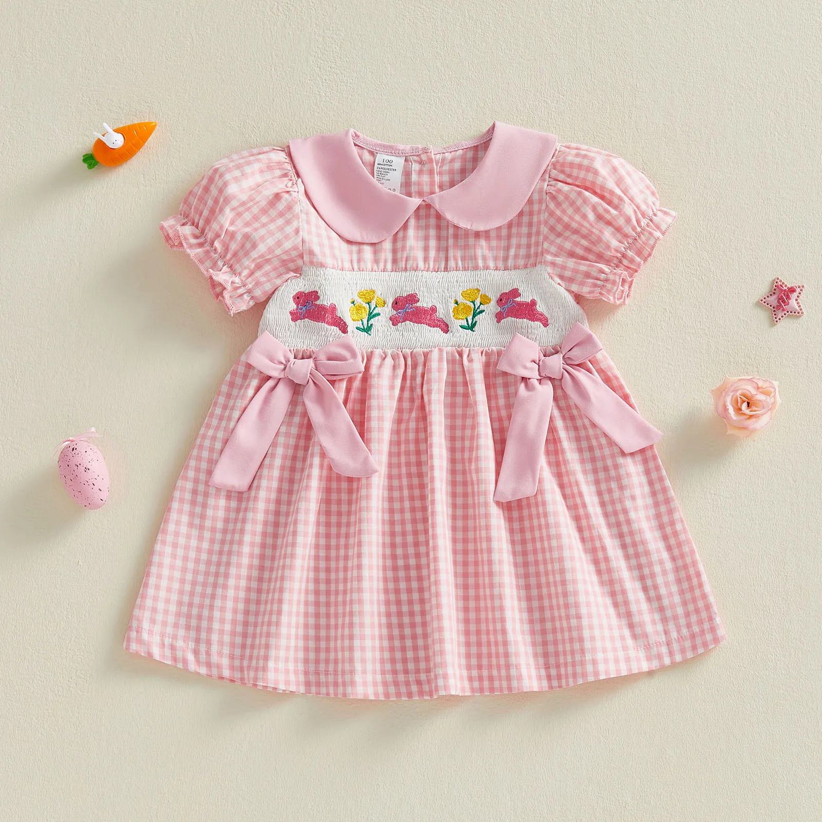 فستان عيد الفصح للفتيات بطبعة زهور بدون أكمام وياقة مكشكشة فستان صيفي مع حزام فيونكة ومجموعة عصابة رأس متطابقة #4