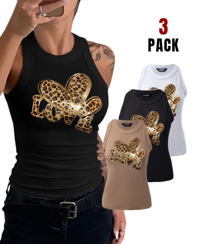 Top casual ajustado con cuello redondo y estampado de corazón de leopardo