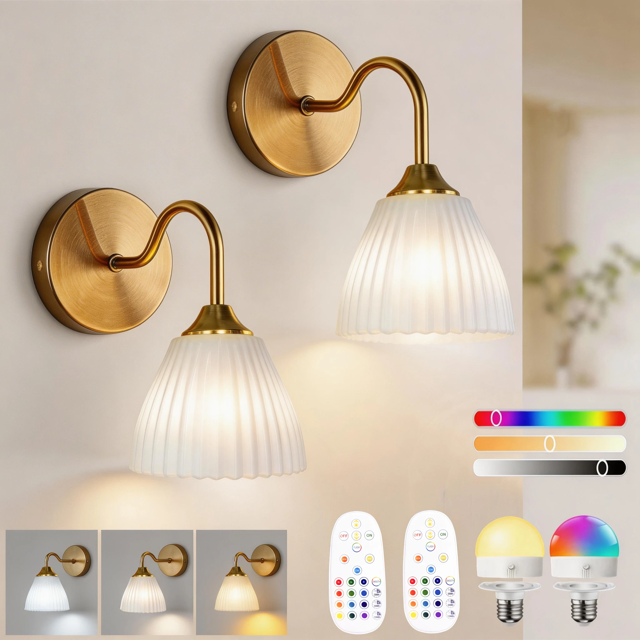 2 Pieces/1 Piece Battery-Powered Wall Light, No Wiring Required, Rechargeable and Dimmable, Equipped with Rgb Bulbs and a Remote Control, Brushed Gold Body Paired with White Minimalist Acrylic Lampshade, Can Enhance the Overall Appearance of Living Rooms, Bedrooms, Hallways, and Entryways.
