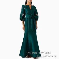 Mesprit Dark Green Satin Mermaid Evening Dress Saudi Arab Party Gown V Neck Puff Sleeves Floor Length Dubai Pageant Dresses