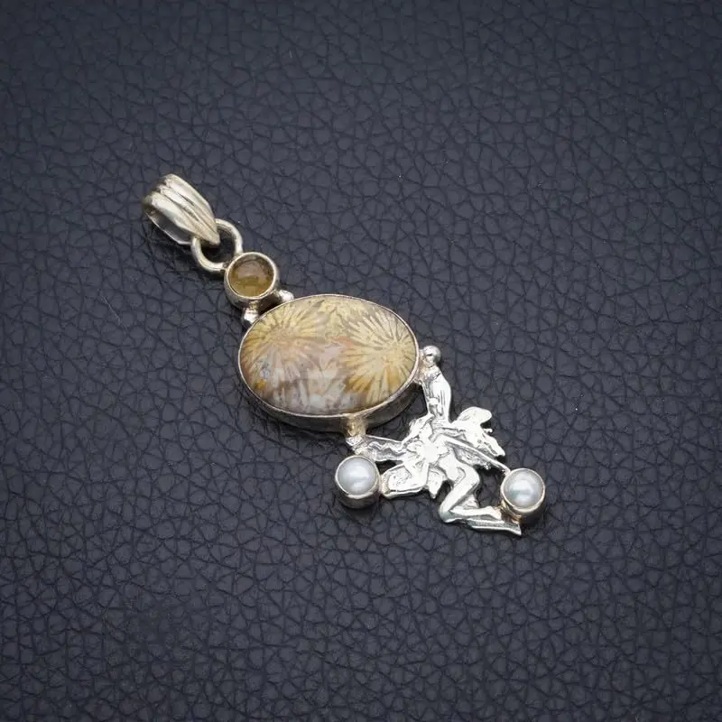 StarGems Natural Chrysanthemum Jasper&Fariy.River Pearl And Citrine Handmade 925 Sterling Silver Pendant 2 1/8