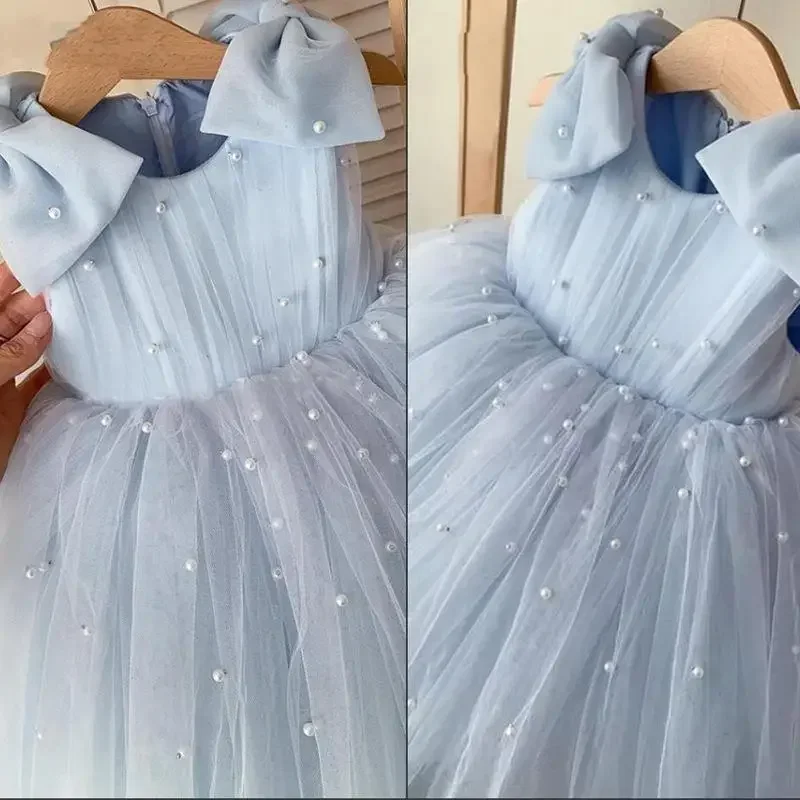 2024 Princess Flower Girls Dress For Wedding Kids Pink Beading Tulle Ball Gown Party Children Ceremonial Dresses Vestidos Largo