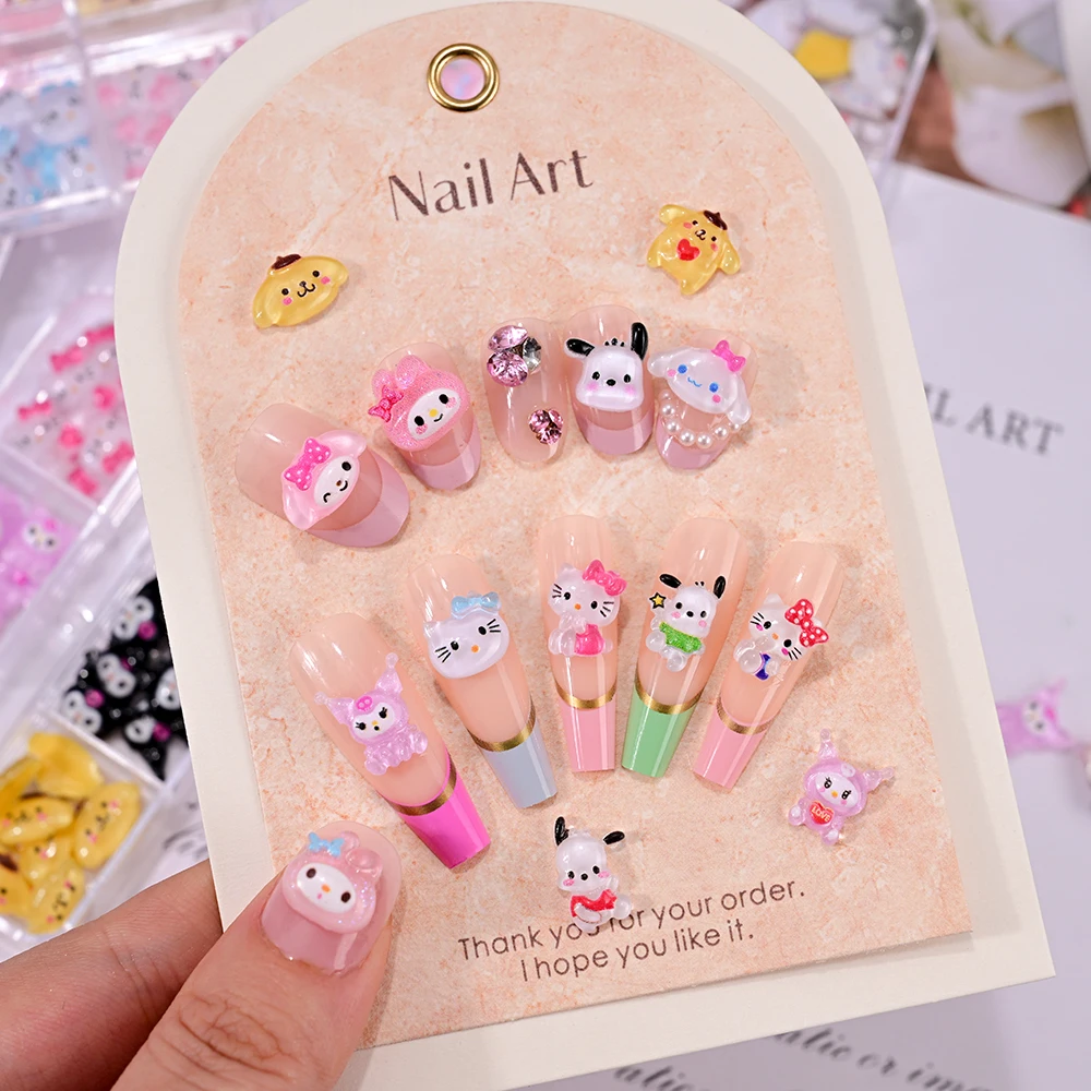 48 unids/caja Kawaii mezclado Sanrio dijes de uñas de resina de dibujos animados Hello Kitty Kuromi diamantes de imitación para uñas DIY decoración para manualidades de uñas regalo