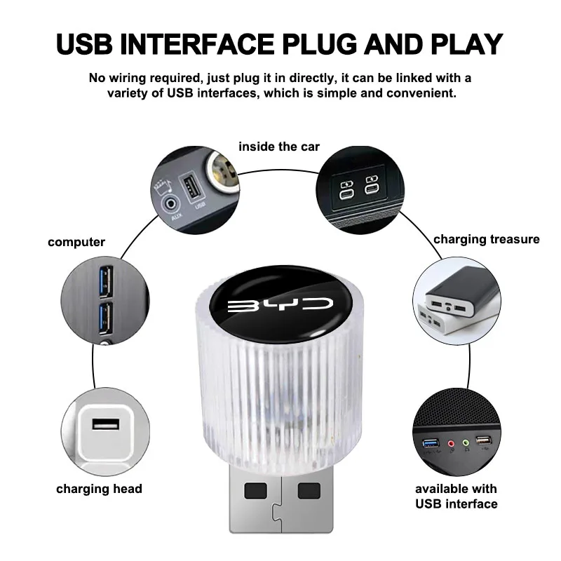 Car Emblem USB Atmosphere Light Portable Car Mini LED Lamp Caps For BYD Qing Song Tang Yuan F3 I3 F0 F6 S6 S8 E5 E6 G3 G6 L3 S7