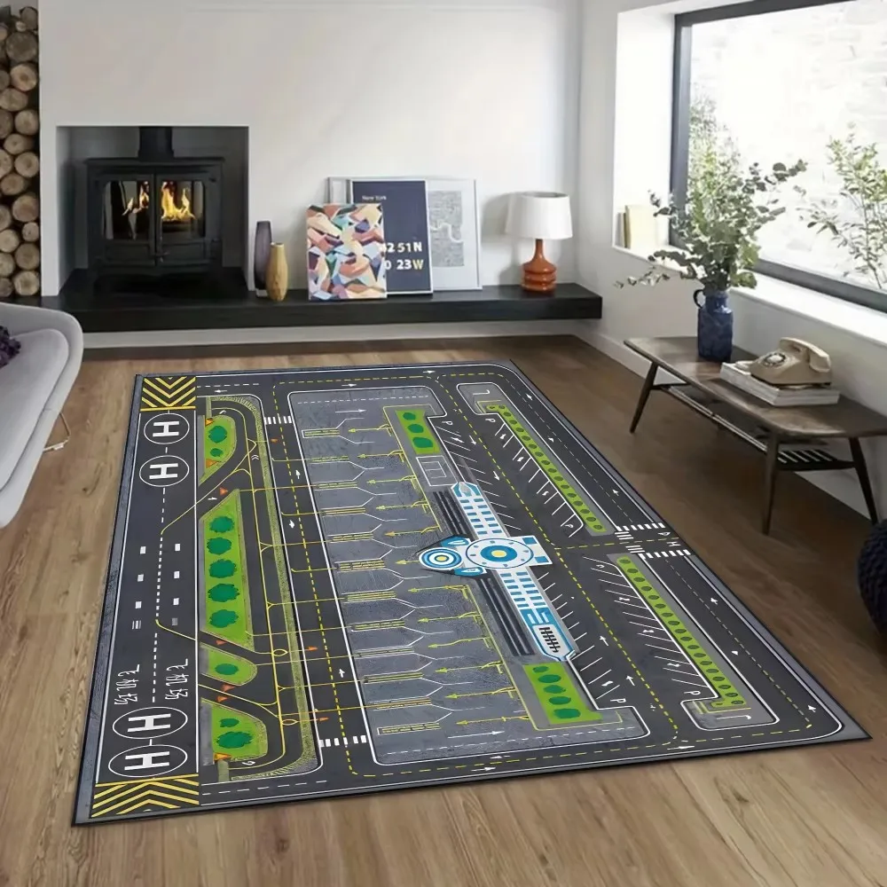 Airport Runway Map Rug for Living Room Bedroom Home Decor Flannel Floor Mat with Airstrip Parking Traffic Road Printed Pattern