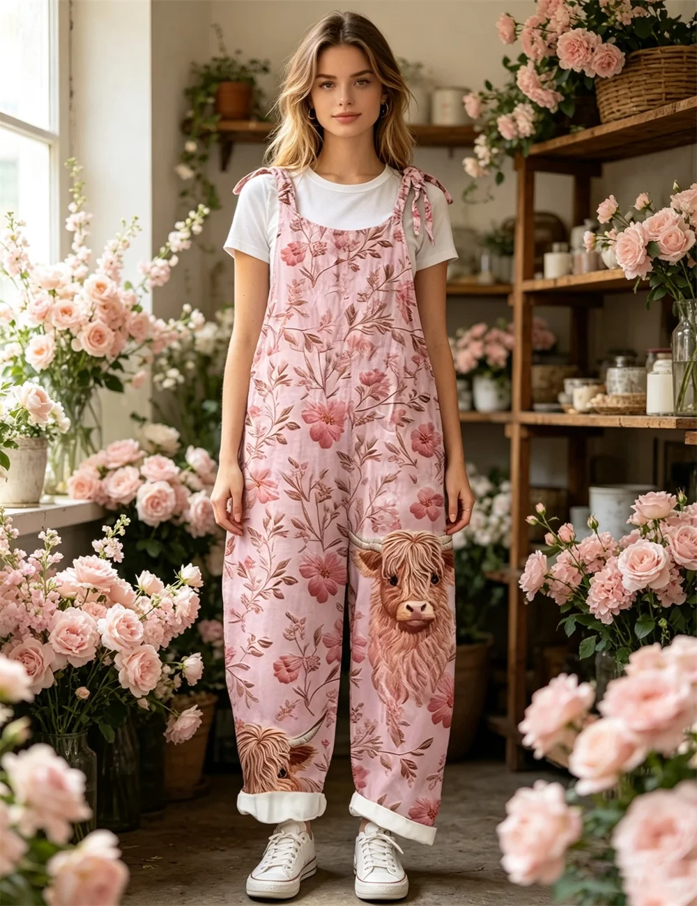 Women's new pink floral and calf print women's comfortable jumpsuit, off shoulder sleeveless loose jumpsuit