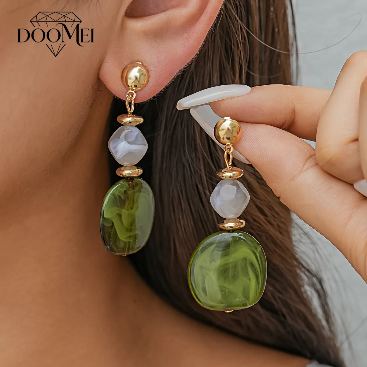 DOO MEI Boho Green Marble Resin Beaded Dangle Earrings for Women Geometric Round Drop Earrings Casual Fashion Ear Jewelry Gifts