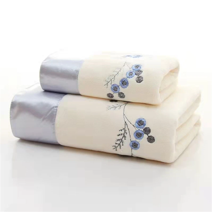 2pcs/set Quick Dry Microfiber Embroidered Towel Set Solid Color 75x35cm Face Towel + 140x70cm Bath Towel for Bathroom