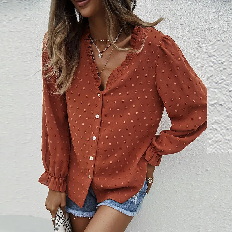 

Autumn Elegant Long Sleeve Chiffon Shirts Fashion V-neck Puff Sleeve Jacquard Women Blouse Mujer Casual Loose Tops Blusas 23840