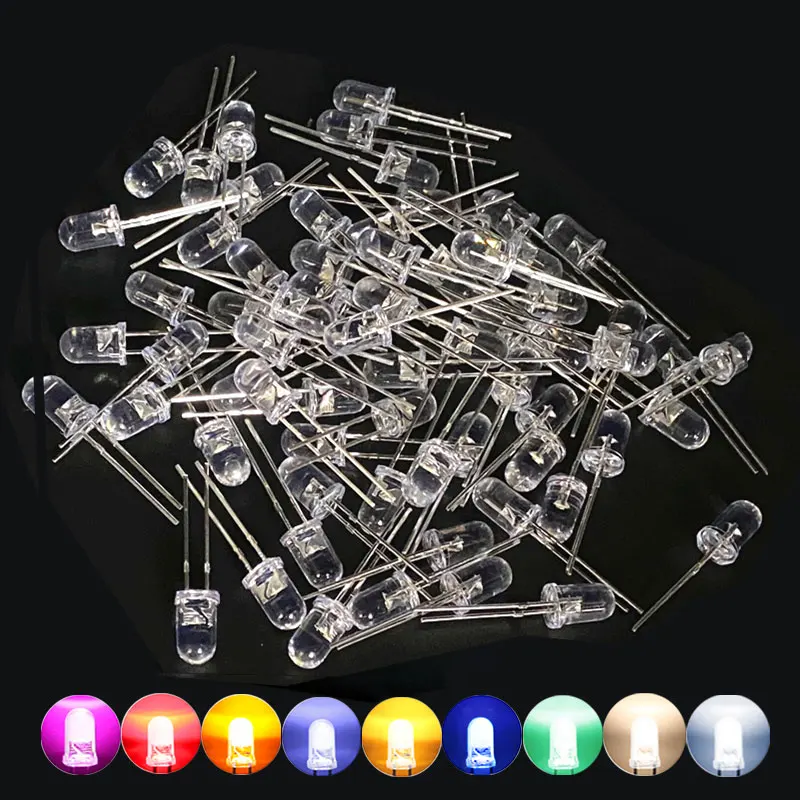 100pcs 5mm LED Diode F5 Assorted Kit White Green Red Blue Yellow Orange Pink Purple Warm White DIY Light Emitting Diode