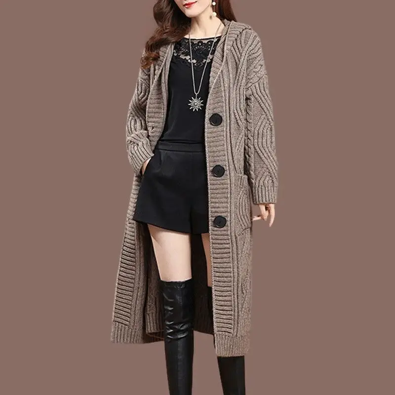 2024 Winter Large Size Hooded Mid-long Knitted Cardigan Thick Sweater Coat Solid Color Loose Over The Knee Women\'s Wear Clothing