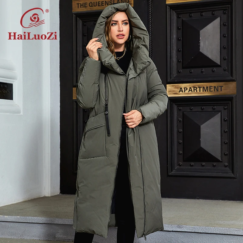 HaiLuoZi 2023 New Winter Down Jacket Hooded Zippers Design Long Female Parka Slant Planket Solid Color Warm Coats Women 3006