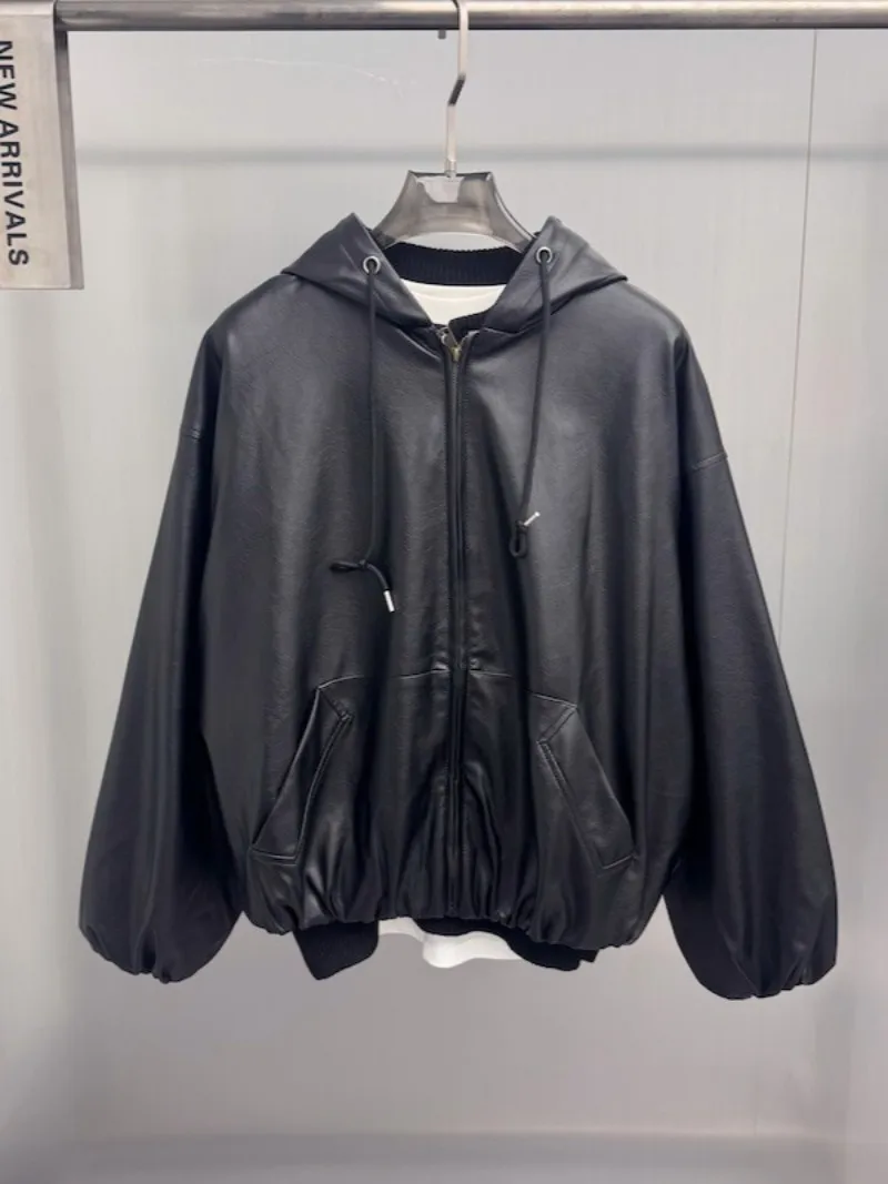 

Spring and Autumn Windproof Men's Jacket with Drawstring Hood and Zippered PU Leather Outerwear Wide Cut Men's Jacket