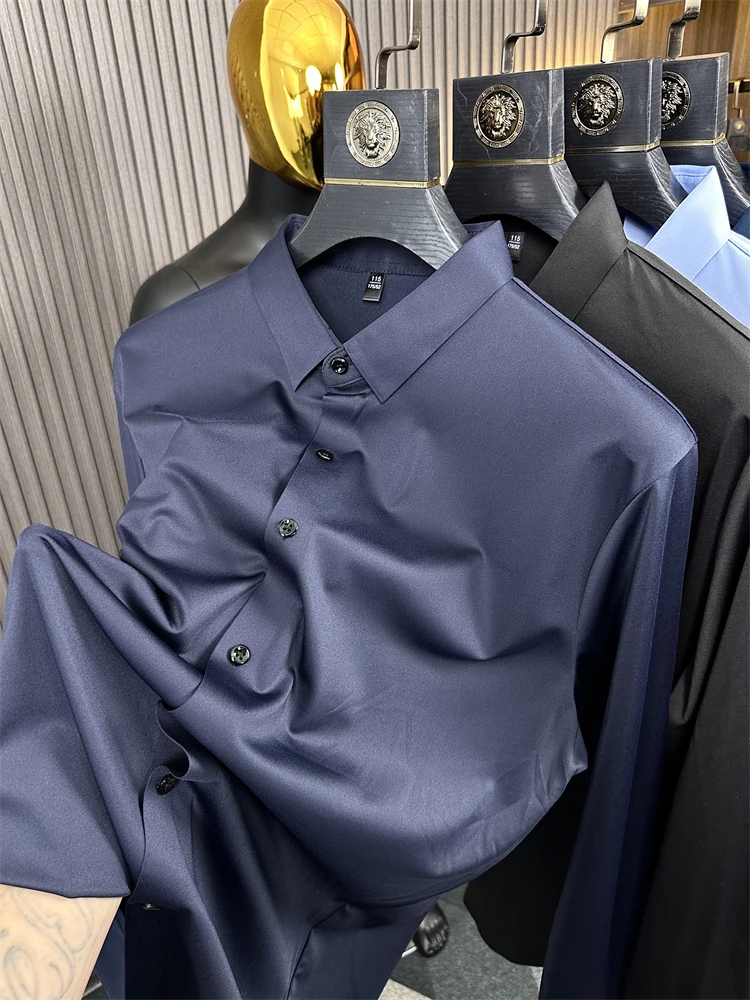Ice Silk Seamless Cutting Men's Long Sleeve Casual Shirt  Collar Trendy Autumn Business Light Weighted Flip Collar Top