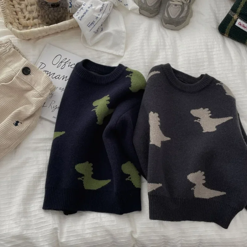 2024 Fall Winter Kids baby cartoon dinosaur jacquard sweater Korean style Boys and girls soft loose warm knit pullover