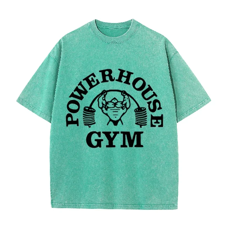 Powerhouse Gym Fitness Print Vintage Washed T-Shirt Gym Workout Casual Tee – Detail 13