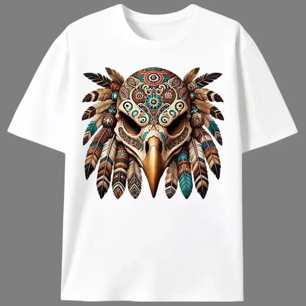 Camiseta vintage con gráfico de calavera de águila tribal | Estilo Boho del Suroeste para Exteriores | Camiseta Casual de Manga Corta para Hombre y Mujer | Ropa Urbana Espiritual