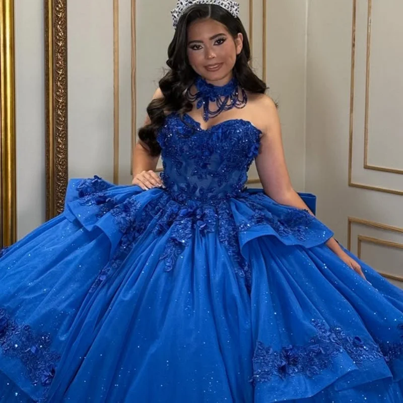

royal blue Quinceanera Dress Lace layering Tull glitter decal Long tail 3D flower Bow vestidos de 15 Quinceanera ﻿Customized