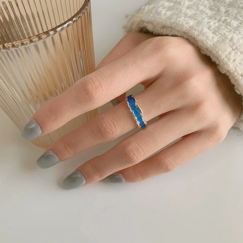 Anelli regolabili in argento Sterling 925 con smalto blu per le donne accessori per gioielli di qualità di lusso per matrimoni di fidanzamento