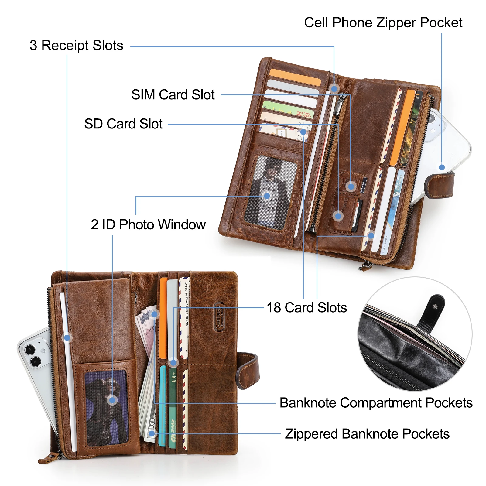 CONTACT\'S Retro luxury Genuine Leather Women Men Wallets High Quality Brand Design Coin Purse Card Holders Money Clip Men‘s Bag
