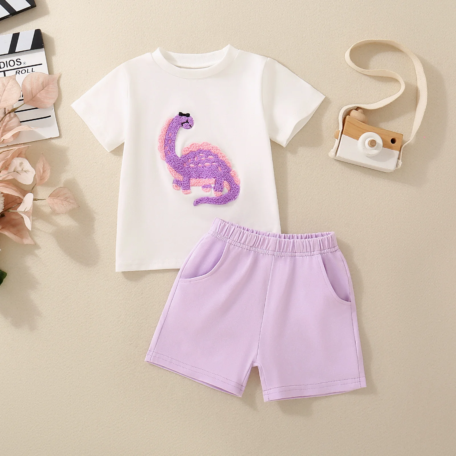 Summer Neutral Dinosaur Embroidered White Short Sleeve T-Shirt And Purple Shorts Set for Infants Casual Two-Piece Outfit