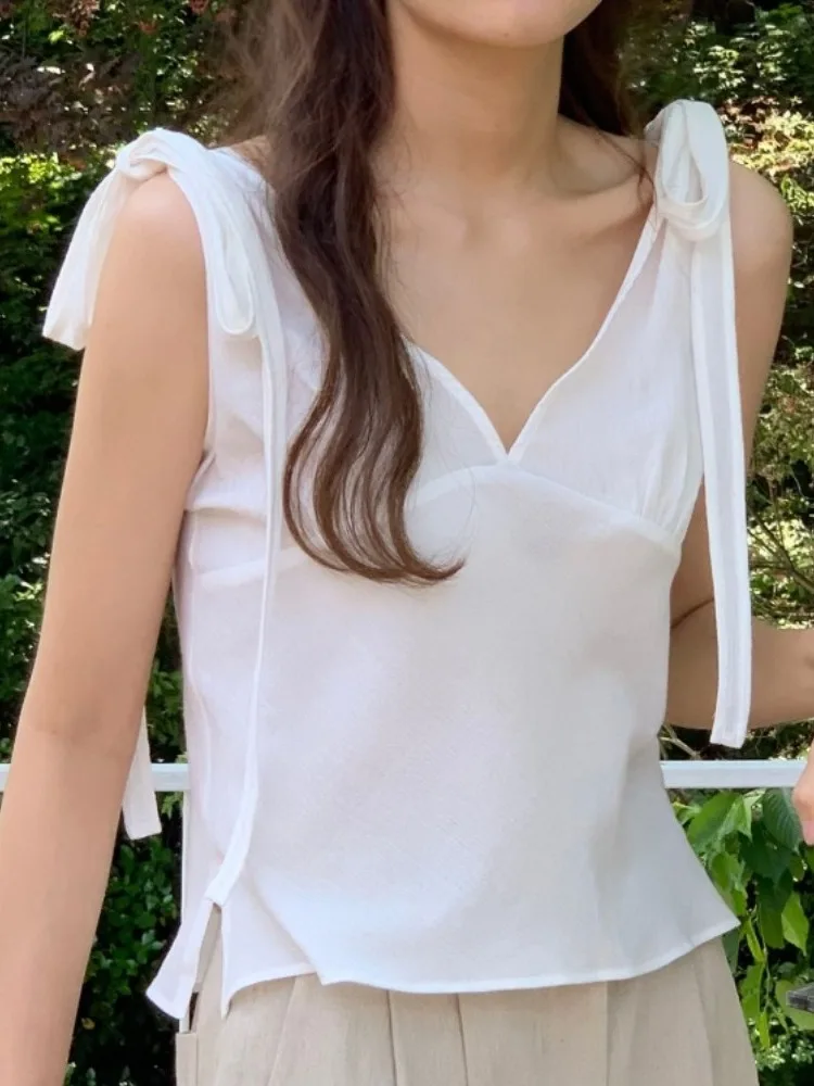 

Summer New Sle Loose Women's Vest Small Sa Knot Pure Color Top Retro Anti-aging Single Piece Commute Pattern