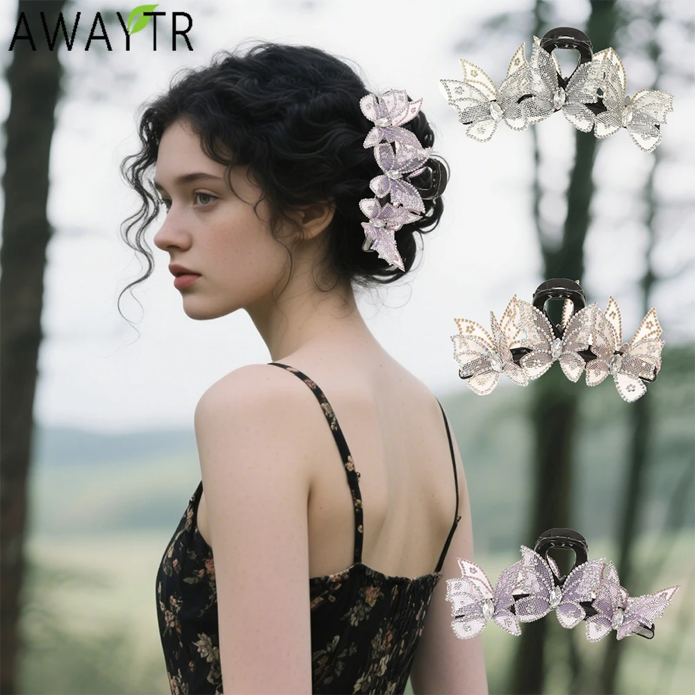 

AWAYTR Mesh Butterfly Hair Claws Diamond Fabric Hair Clip Crab For Girl Gift Hair Accessories Valentine Headwear
