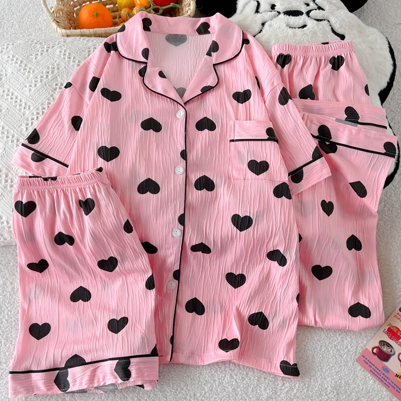 

New Fashion Women's Summer Clothing Sweet Heart Girl Summer Thin Pajama Short Sleeve Three-Piece Set Wrinkled Fabric Homewear Se