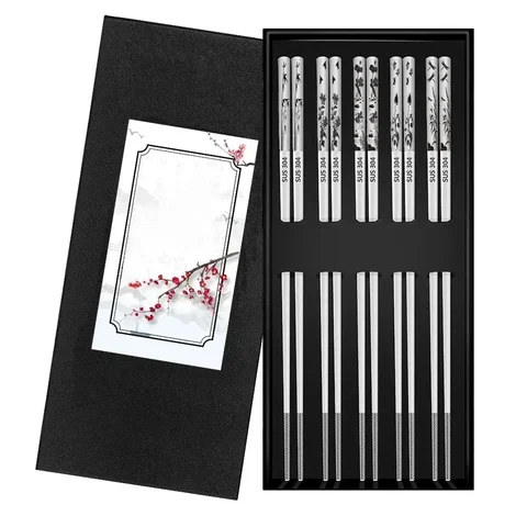 5 Pairs 304 Stainless Steel Chopsticks Reusable Non Slip Chopsticks Dishwasher for Food Sushi Sticks Kitchen Tableware