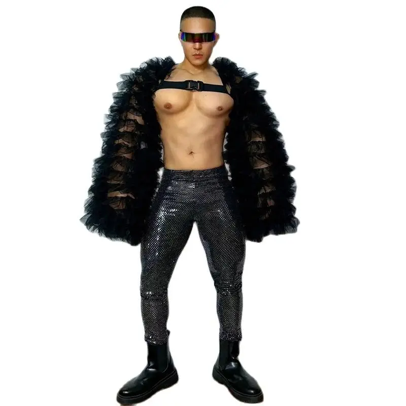 Sexy Pole Dance Outfit Men Fluffy Sleeves Sequins Pants Bar Gogo Dance Costumes Muscle Man Stage DS DJ Rave Clothes XS8091