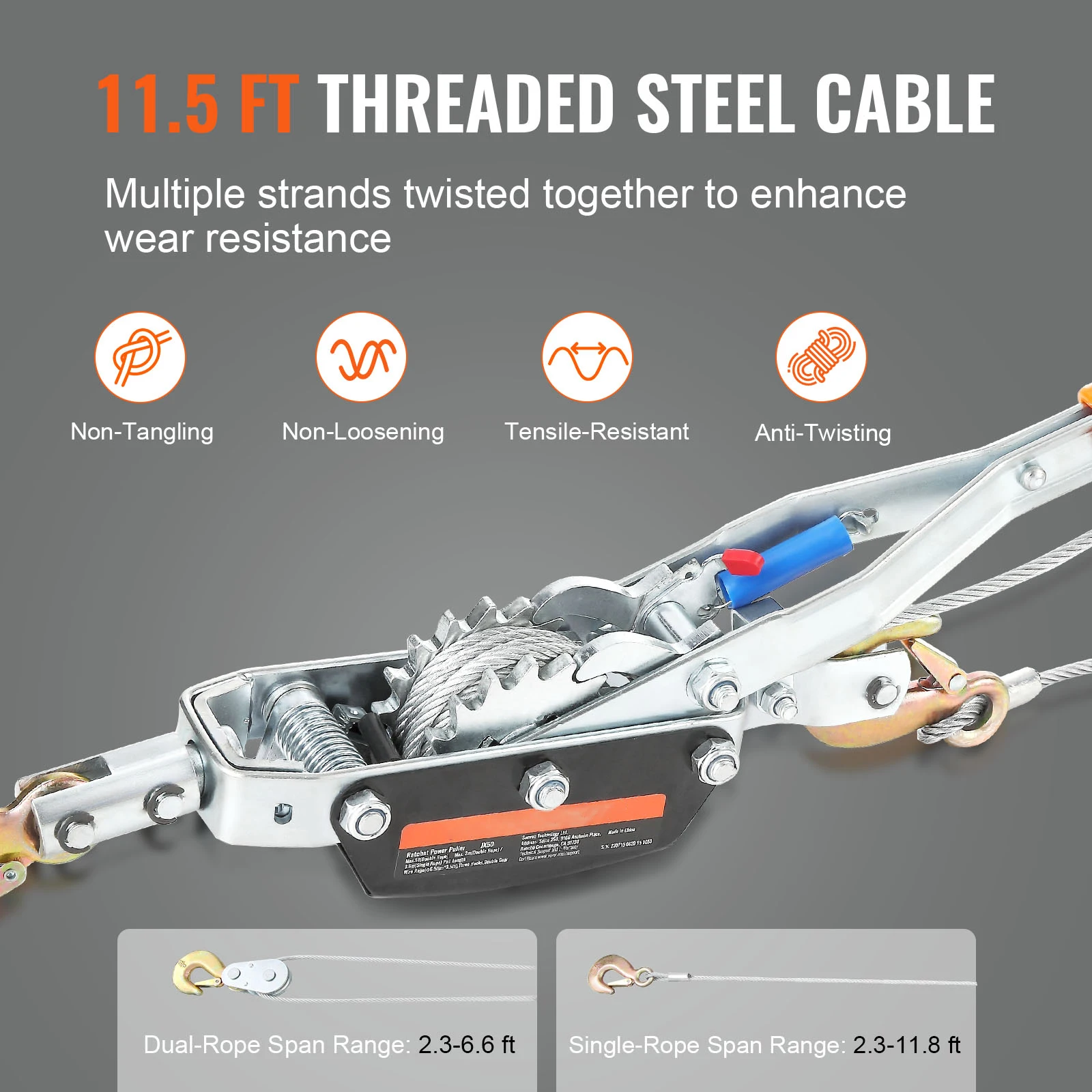 SucceBuy 5T Come Along Winch Ratchet Power Puller เครื่องมือ 11.5ft สายเหล็กยานยนต์รอกสายดึงสําหรับรถกู้ภัย