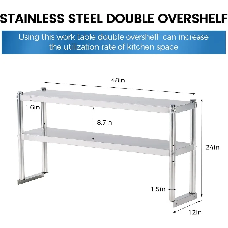 Stainless Steel Shelf 2 Tier Stainless Overshelf for Kitchen Prep Work Table 12 x 48 Inches Adjustable Commercial Steel Table