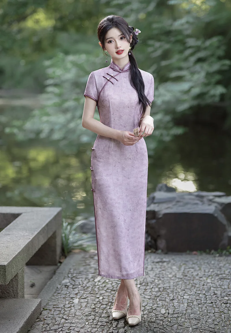 Women New Year Chinese Style Cheongsam Improved Vintage Purple Floral Chiffon Long Evening Dress Short Sleeve Lined Qipao