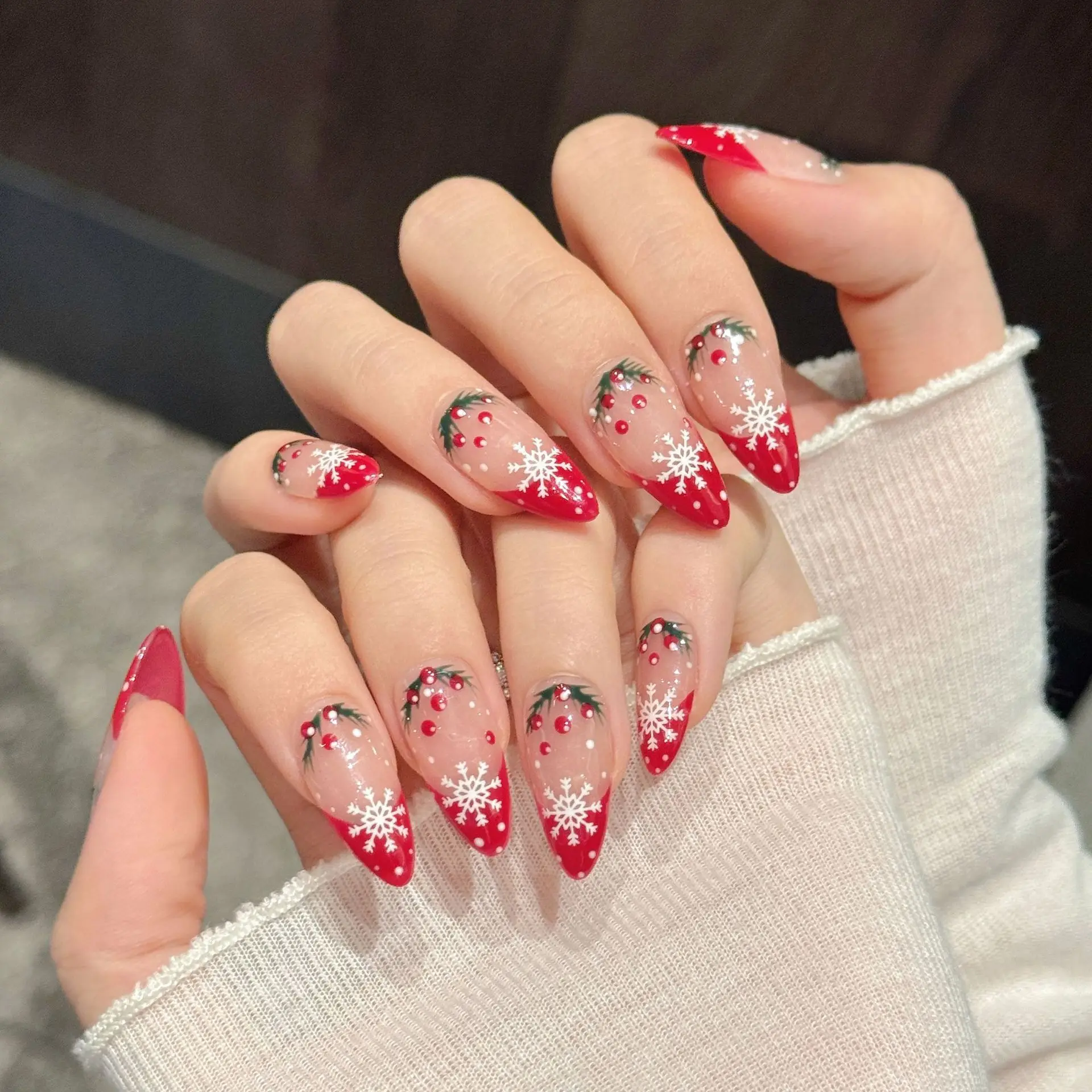 10 pièces de luxe à la main presse sur les ongles amande noël flocon de neige conception avec 3 pièces outil adhésif onglets de colle à ongles