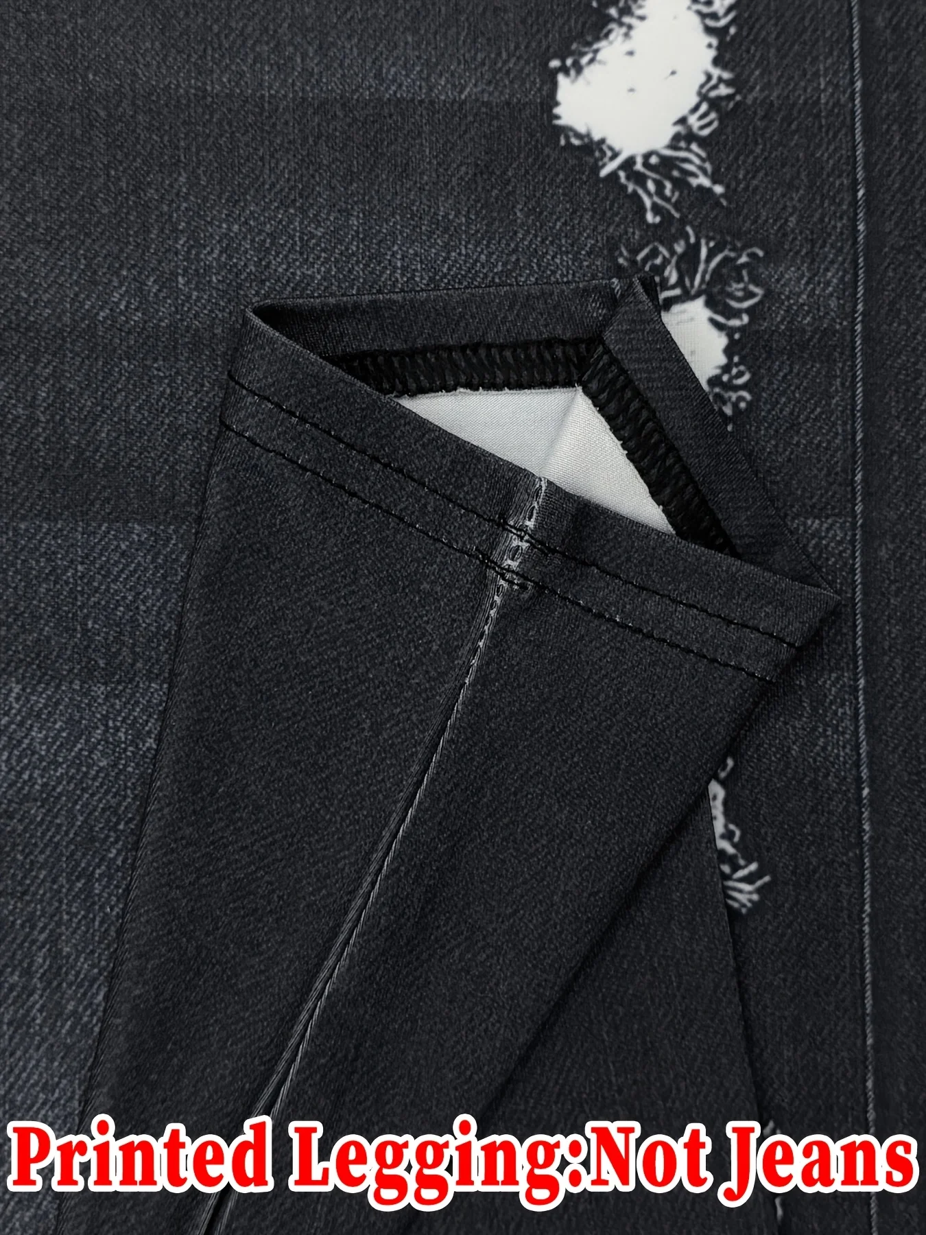 Damen Schwarze Gewaschene Kunstjeanshose mit Rissen und Aufdruck, Enge Lange Hose, Sportlich-Lässig, Hohe Taille, Dehnbar, Nicht-Jeans, Slim Fit Leggings – Detail 8