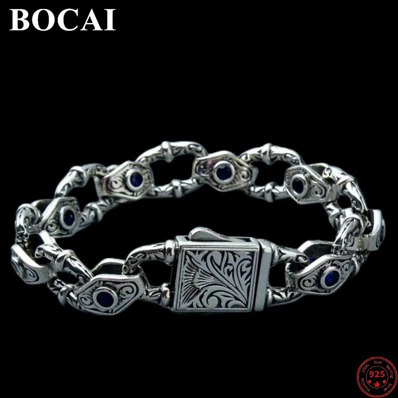 

BOCAI S925 Sterling Silver Bracelets for Men Women Fashion Eternal Vine Flat Horseshoe-chain Blue Zircon Jewelry Free Shipping