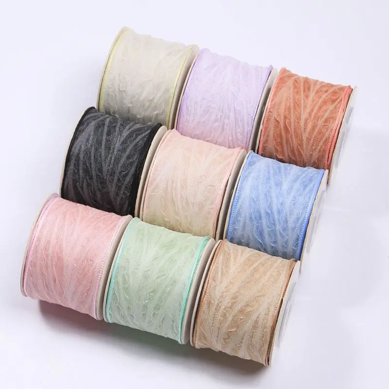 Wrinkled Chiffon Organza Ribbon Sheer Herringbone Pattern Tape For Hat Hair Bows Gift Wedding Bouquet Wrapping Home Decorations