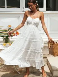 White Spaghetti Straps Dress Elegant 2023 Summer Women Holiday Hollow Out Long Beach Sundress Soft Smock Split Vestido A1074