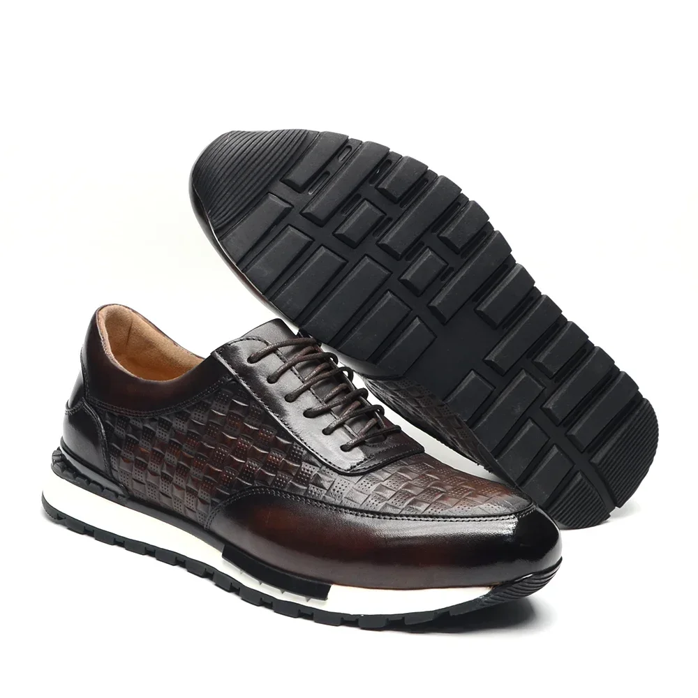 Luxury Autumn Winter Men\'s Leather Oxford Shoes Plaid Pattern Natural Genuine Leather Lace-up Sneakers Business Casual Shoes