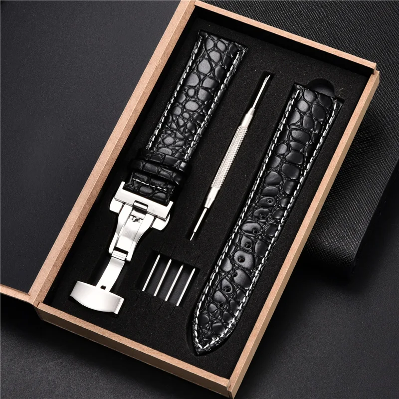 Crocodile Pattern Genuine Leather Watch Strap 17mm 18mm 19mm 20mm 21mm 22mm 24mm Leather Watchband with Box Butterfly Clasp