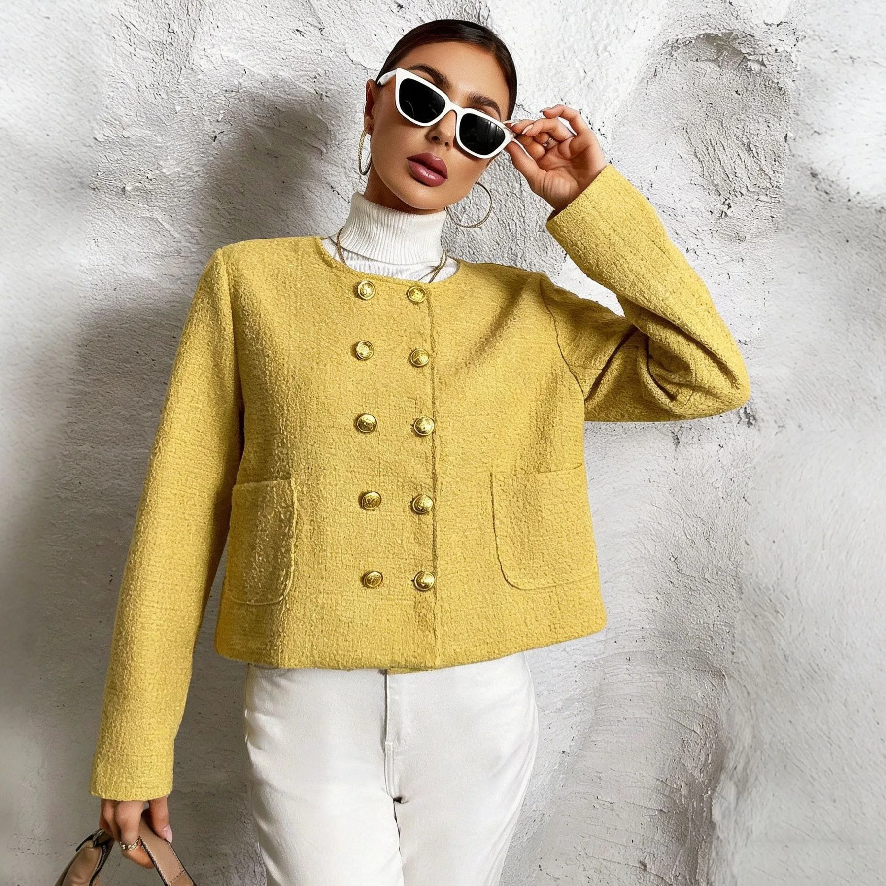French Style Gold Double Breasted Tweed Jacket Women Spring Autumn Round Neck Short Outerwear Female Elegant Long Sleeve Jackets