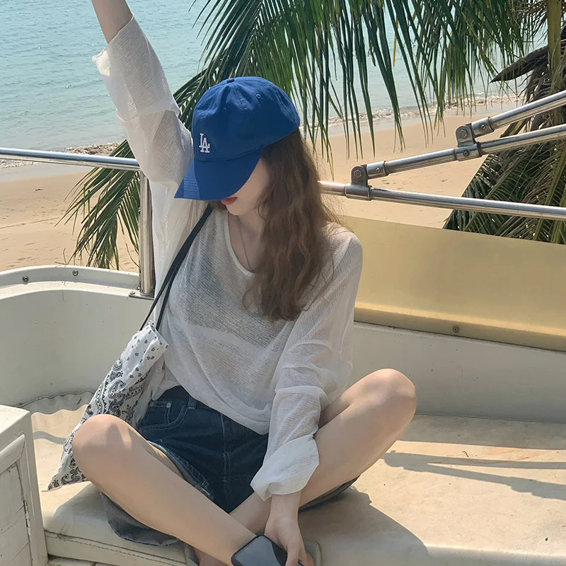 Women Long Sleeve T-shits Tee Summer Clothes 2024 New Korean Dongdaemun Style Female Fashion See Through White Loose Tops